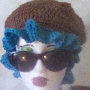 Brown Knit Hat with Small Teal Ruffle